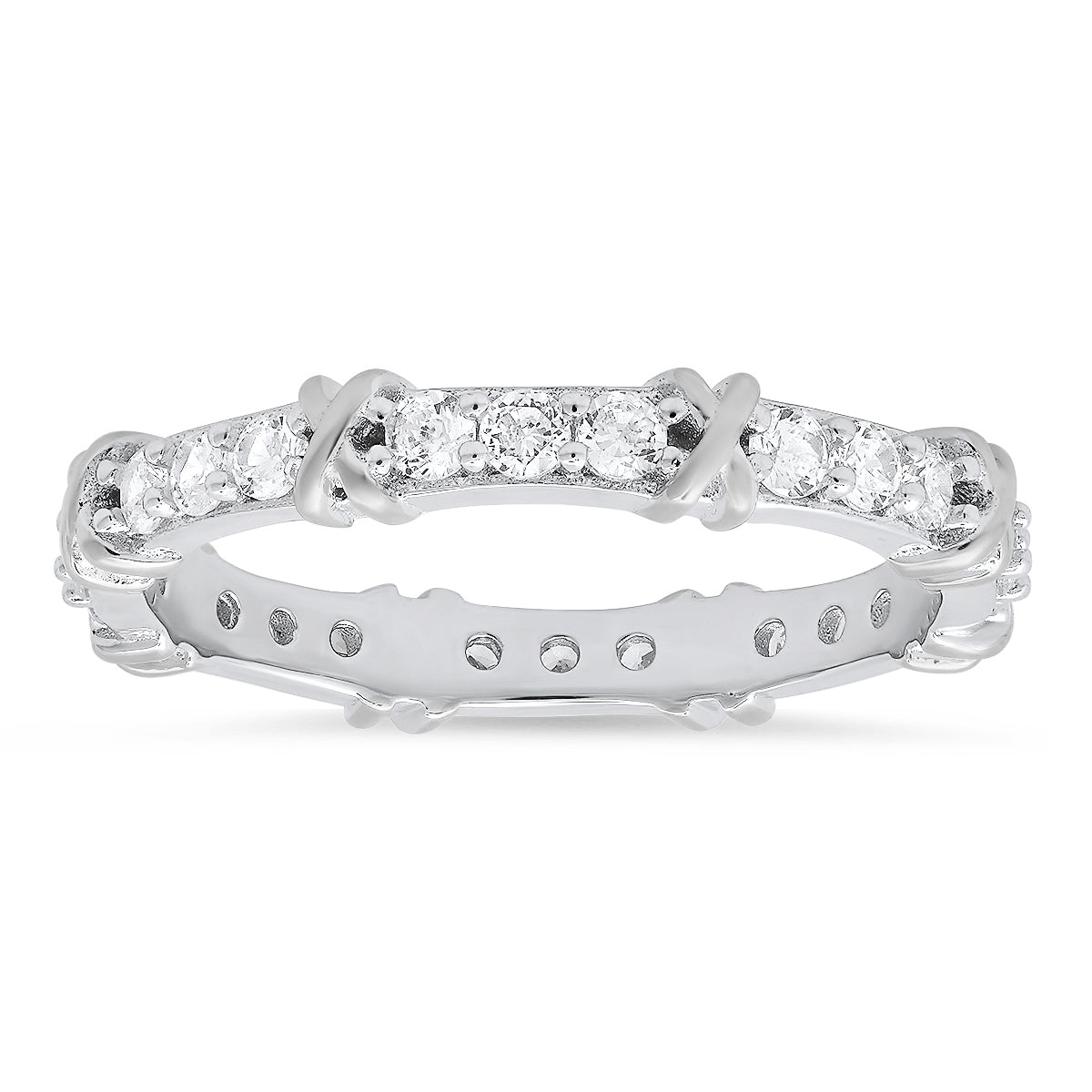 Sterling Silver Round-cut CZ "X" Stackable Eternity Band Ring - Charming Charlie