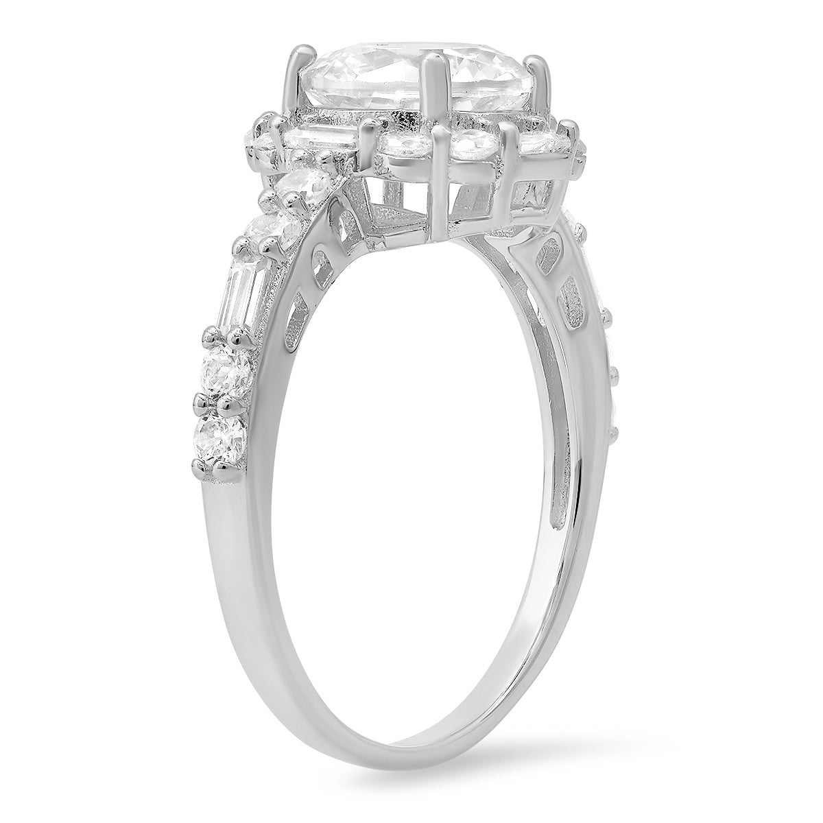 Sterling Silver Round and Baguette-cut Halo CZ Ring - Charming Charlie