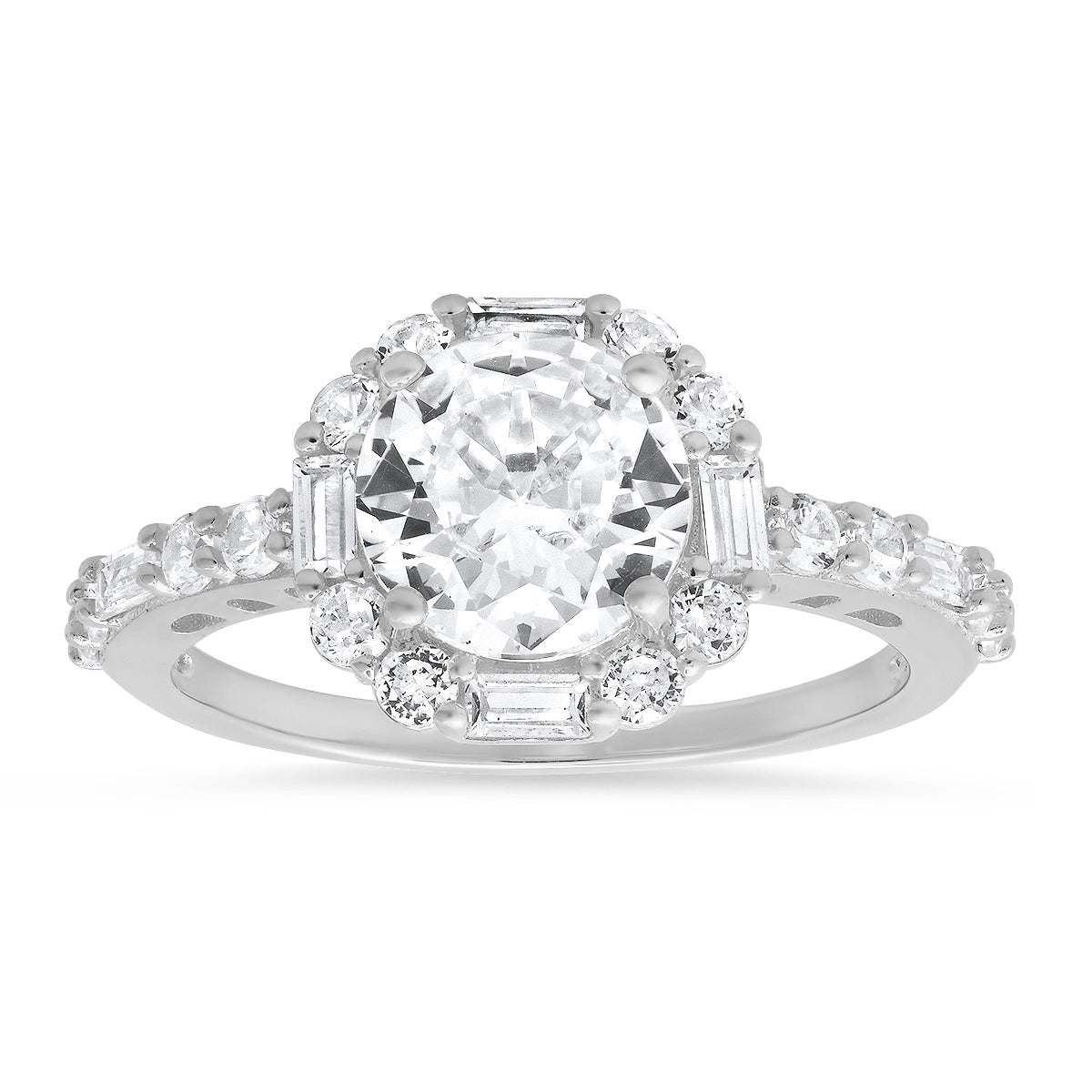 Sterling Silver Round and Baguette-cut Halo CZ Ring - Charming Charlie