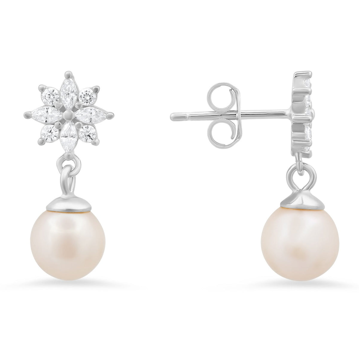 Sterling Silver Dangling Floral CZ & Dangling Pearl Stud Earrings - Charming Charlie