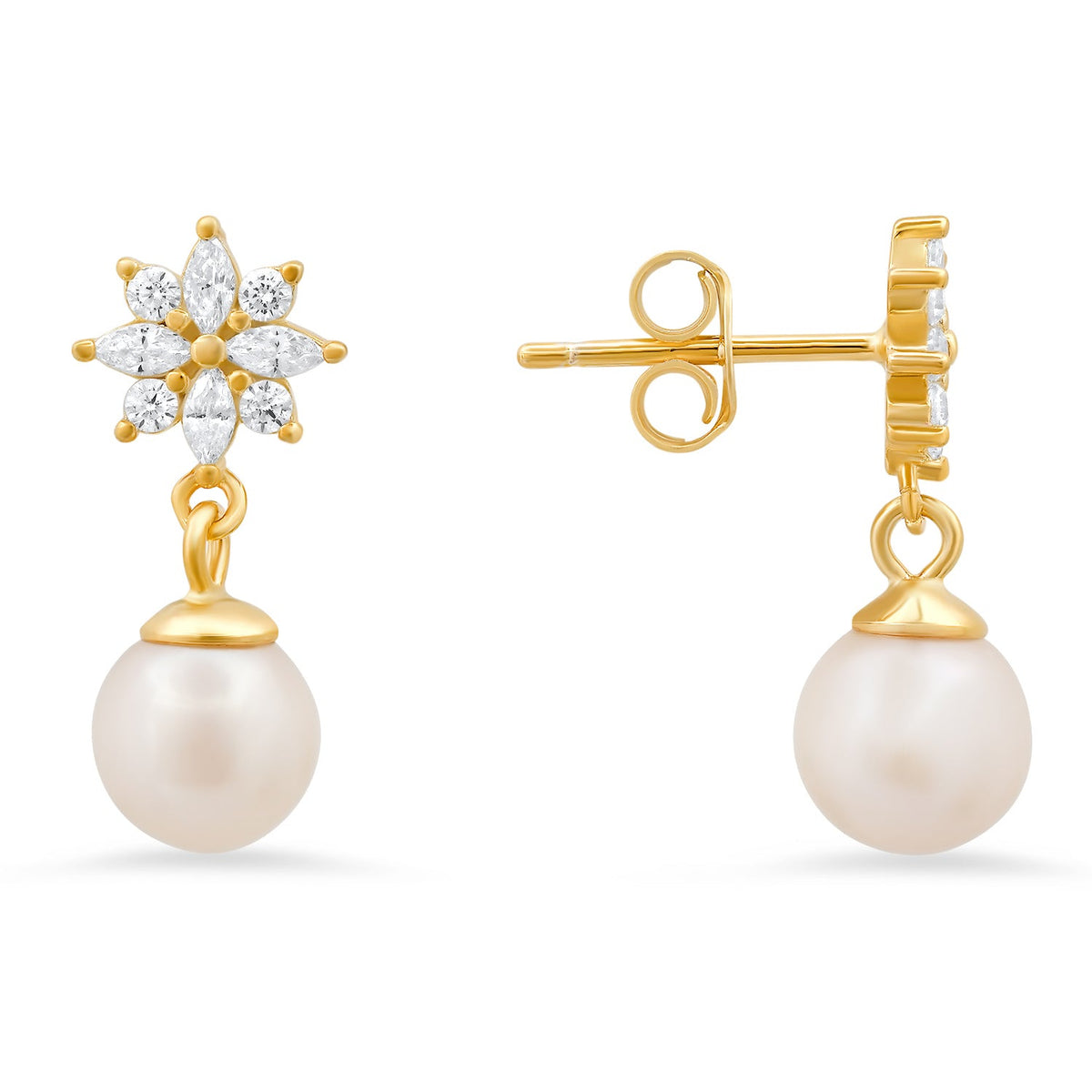 Sterling Silver Dangling Floral CZ & Dangling Pearl Stud Earrings - Charming Charlie