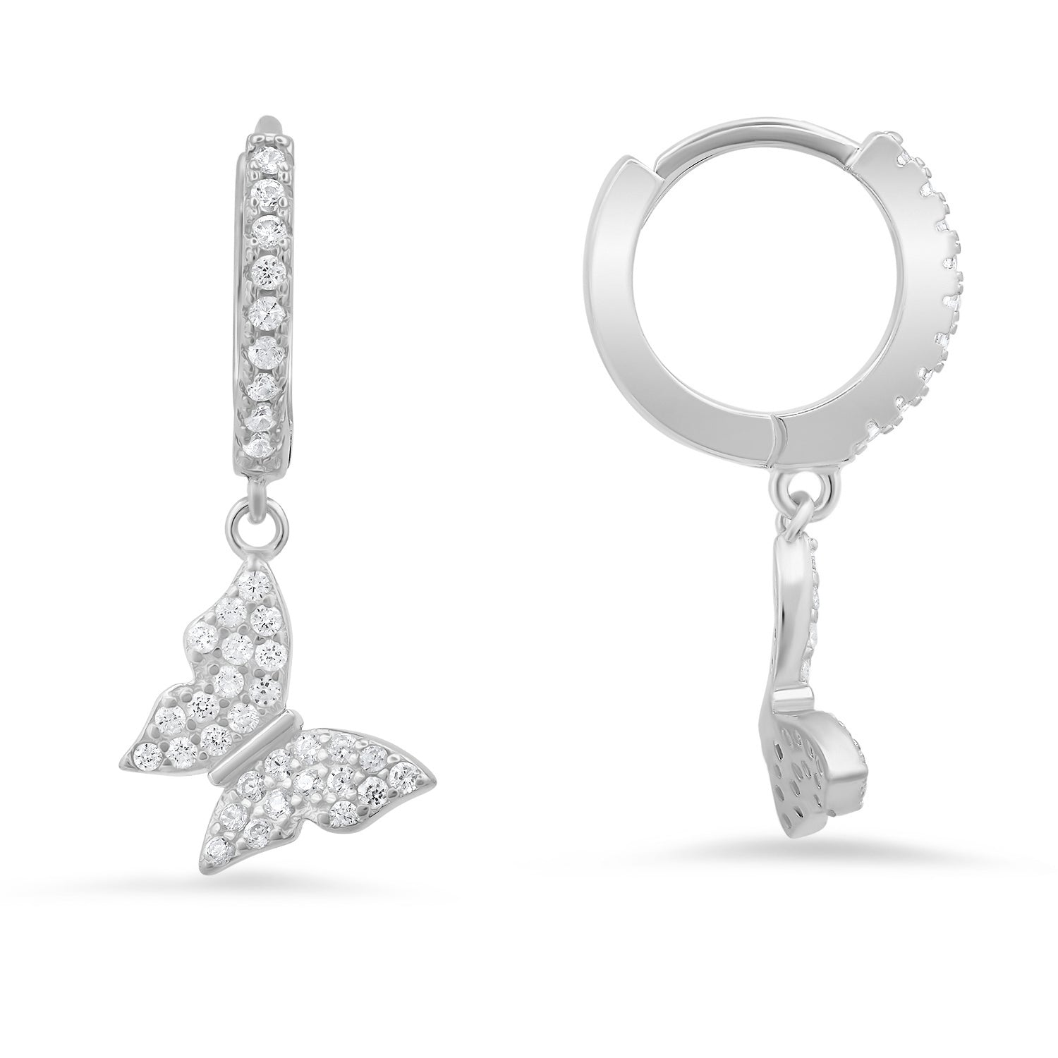 Sterling Silver Dangling Butterfly CZ Huggy Hoop Earrings - Charming Charlie
