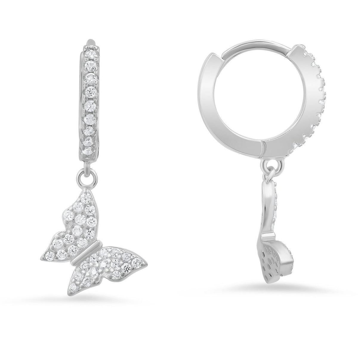 Sterling Silver Dangling Butterfly CZ Huggy Hoop Earrings - Charming Charlie