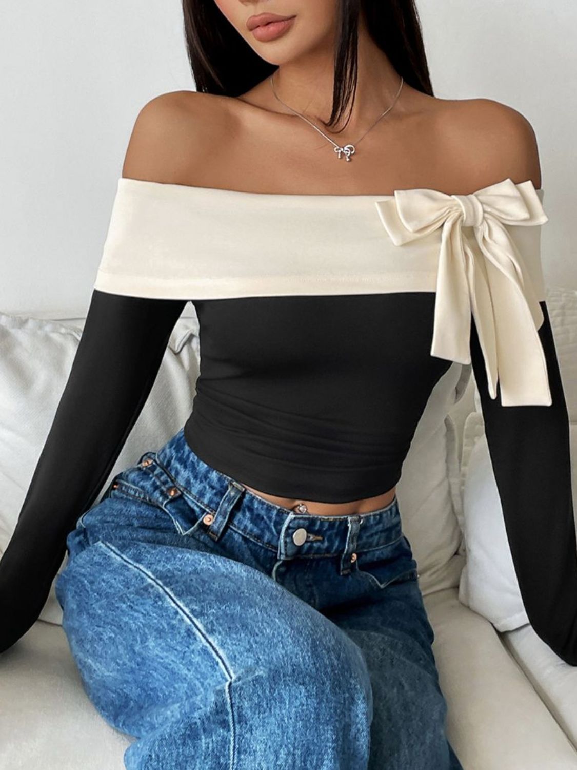 Perfee Bow Contrast Off-Shoulder Long Sleeve Top - Charming Charlie