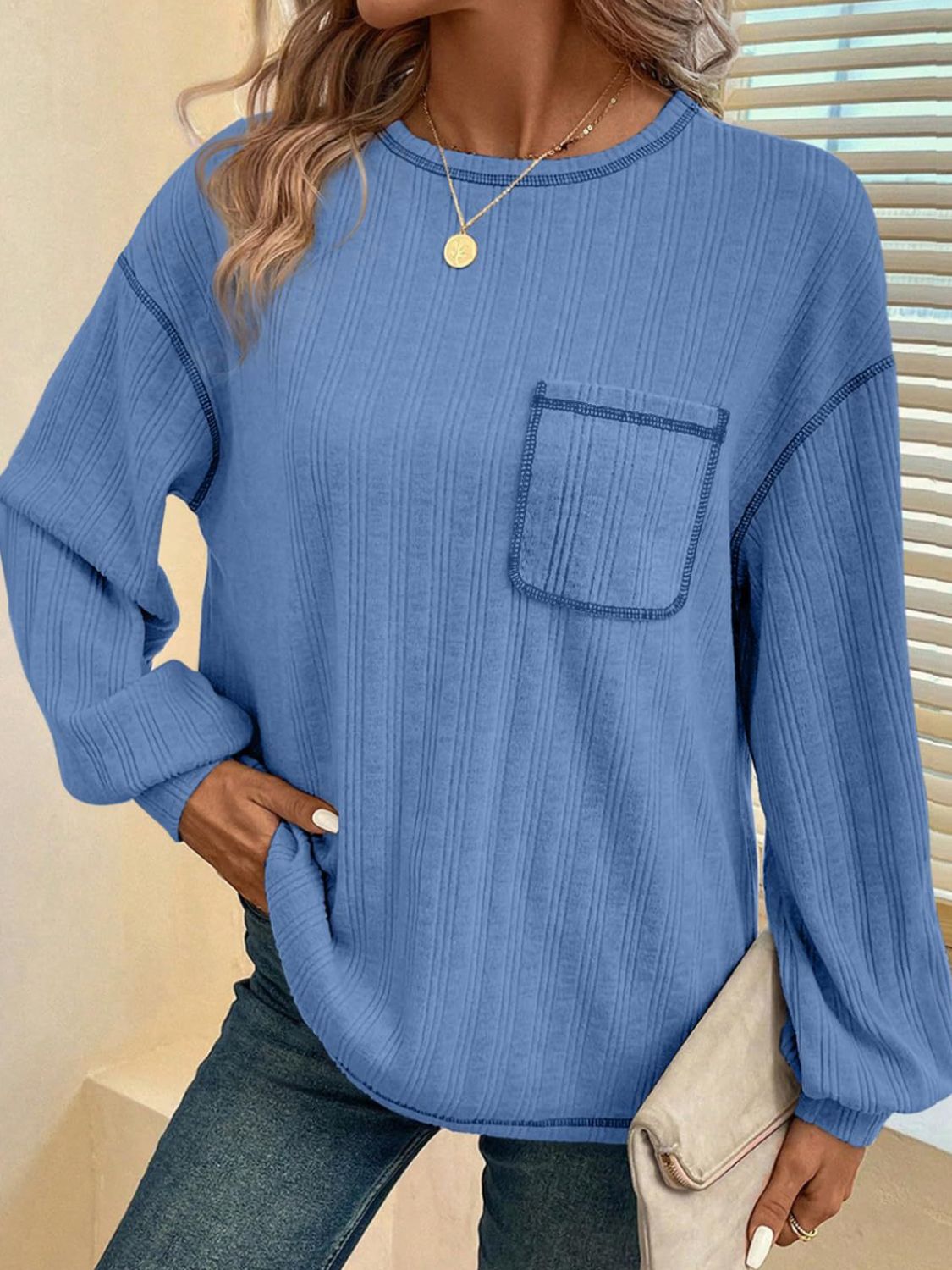 Mandy Contrast Stitching Round Neck Long Sleeve T-Shirt - Charming Charlie