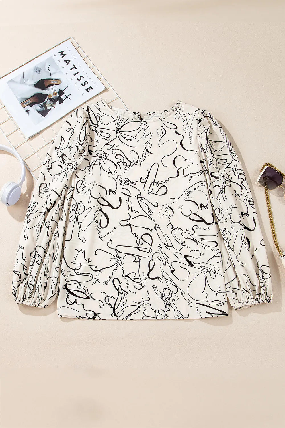 Printed Round Neck Three-Quarter Sleeve Blouse - Charming Charlie