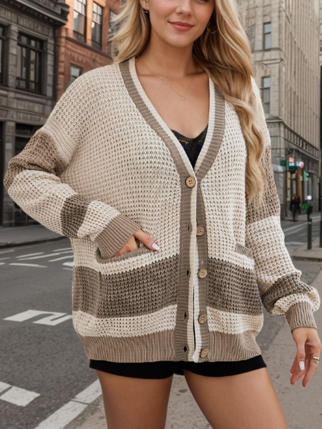 Contrast Button Up Long Sleeve Cardigan - Charming Charlie
