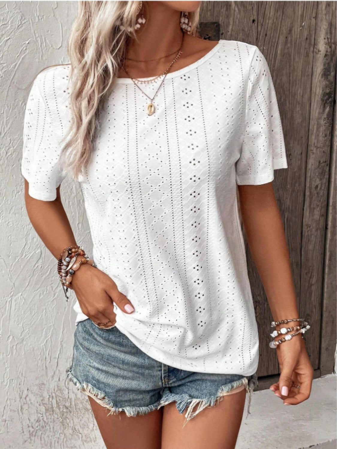 Lace Detail Eyelet Short Sleeve Blouse - Charming Charlie