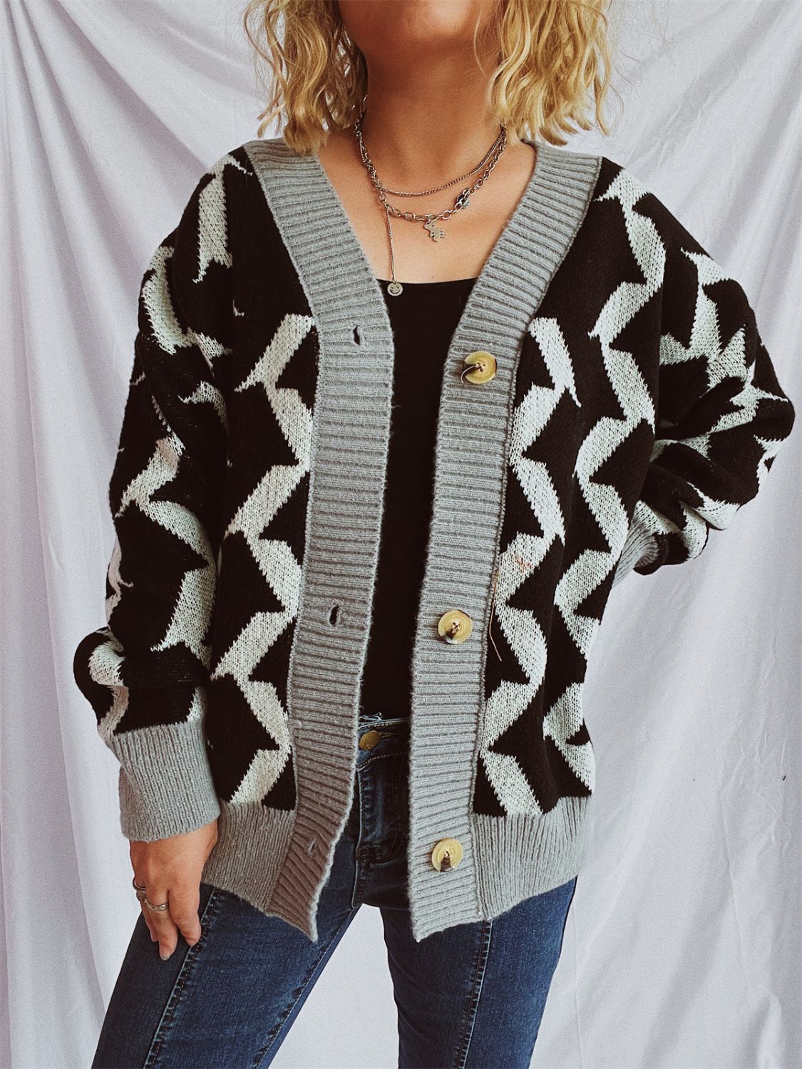 Contrast Trim Geometric V-Neck Long Sleeve Cardigan - Charming Charlie