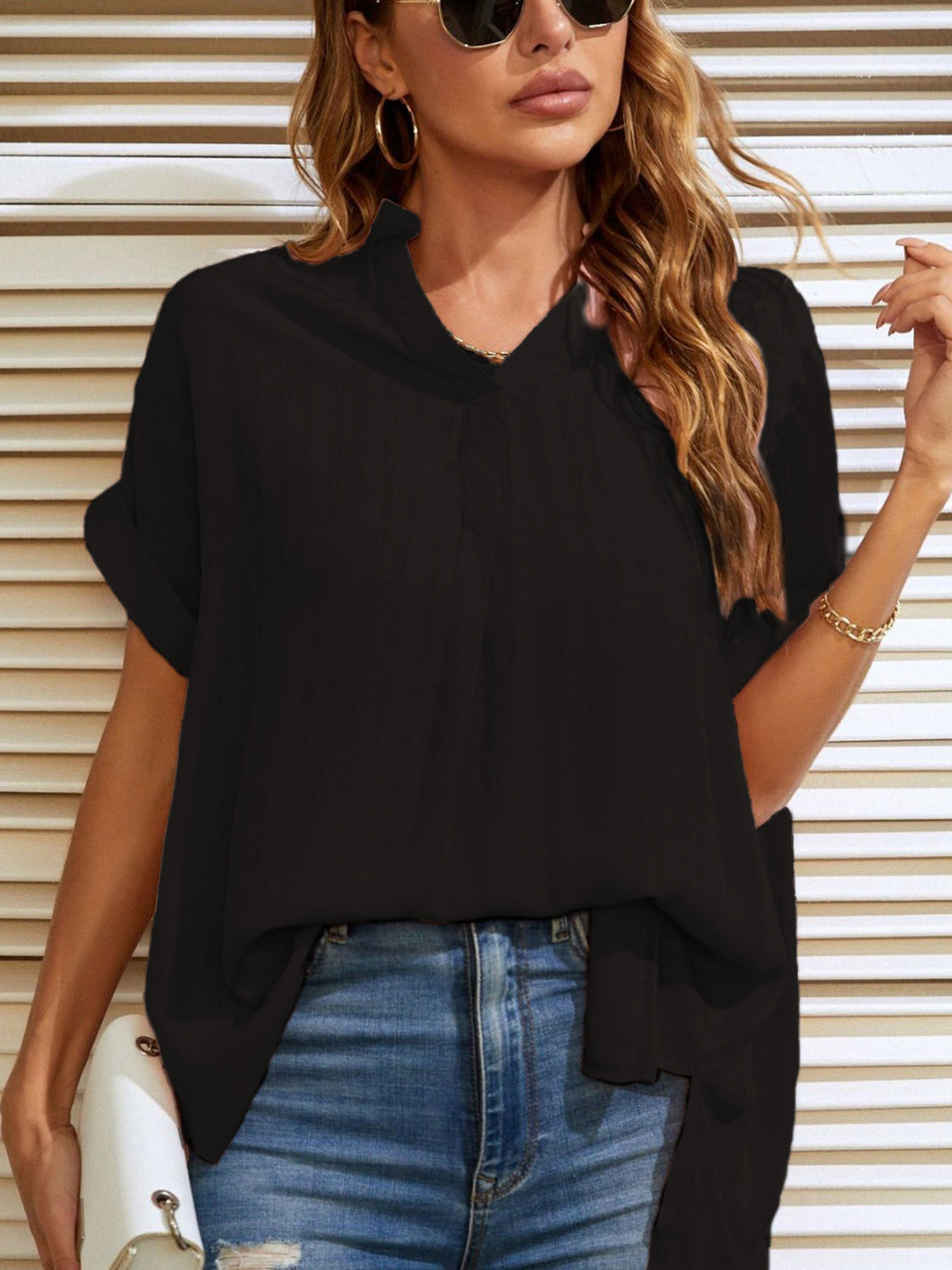 Mandy Side Slit Notched Short Sleeve Blouse - Charming Charlie