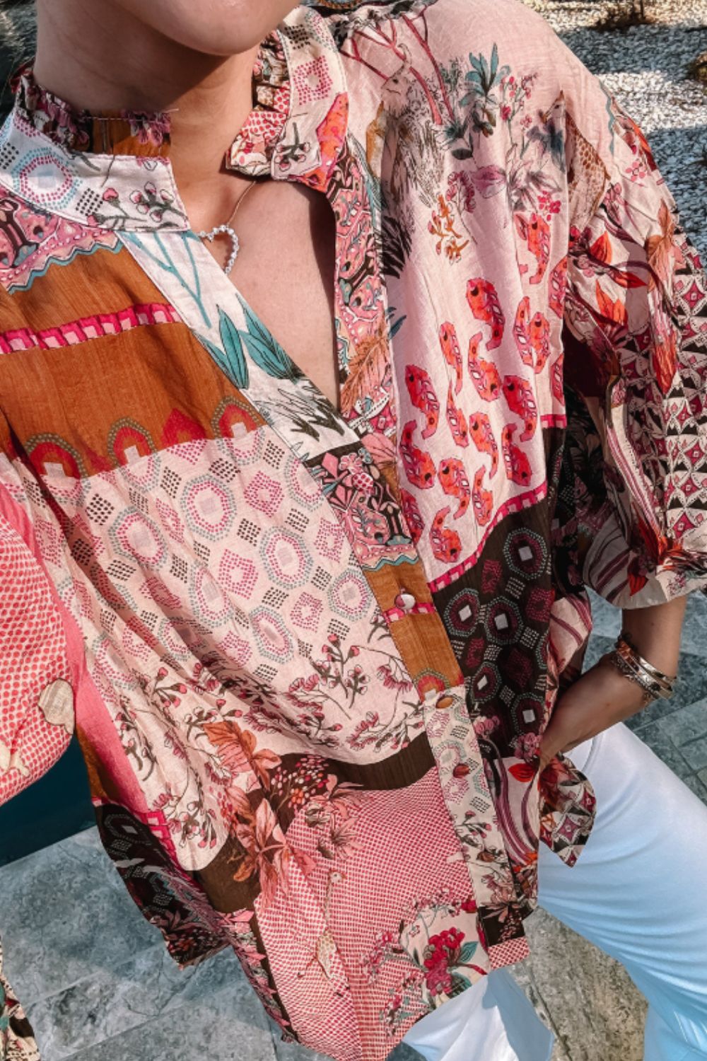 Patchwork Printed Notched Flounce Sleeve Shirt - Charming Charlie