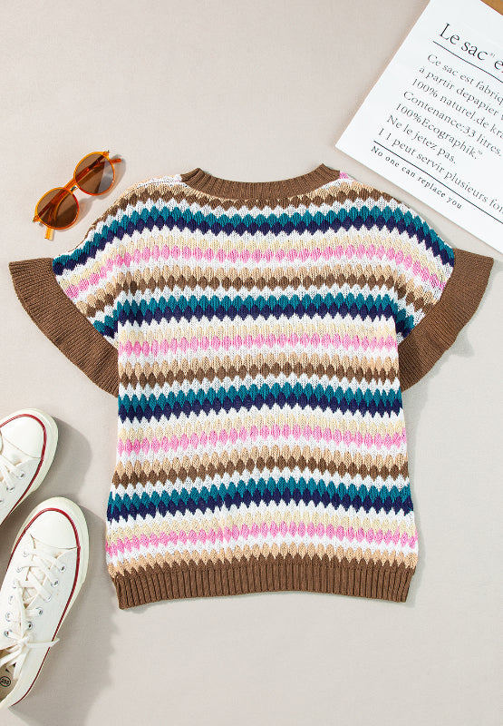 Contrast Round Neck Short Sleeve Sweater - Charming Charlie