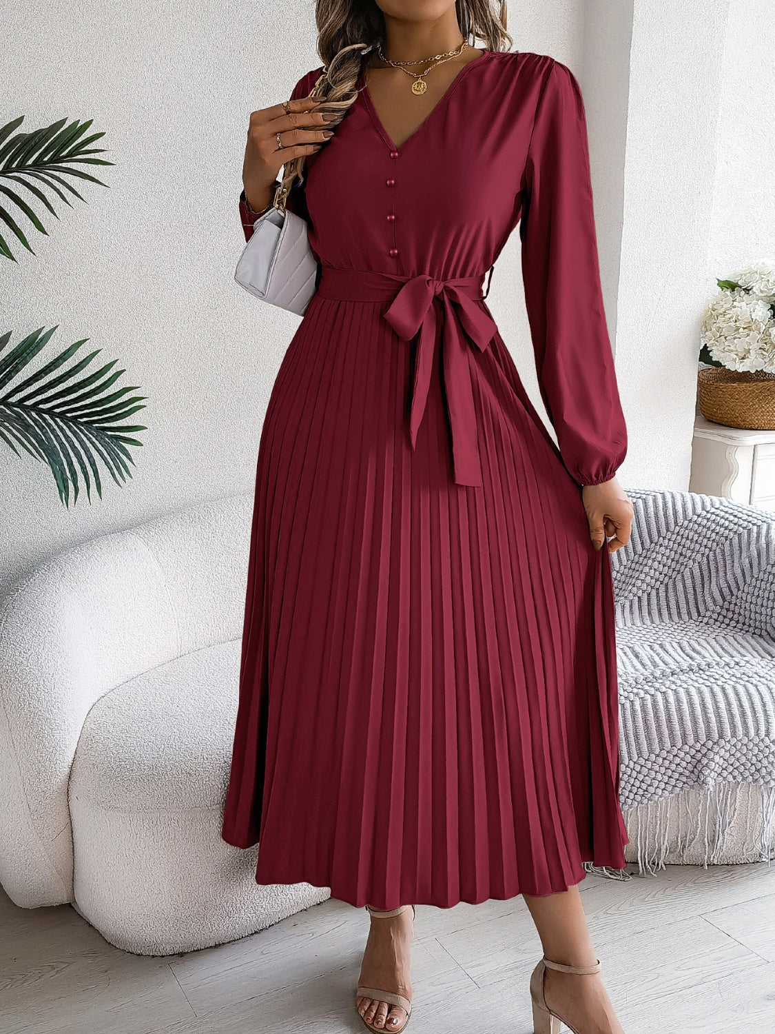 Pleated Tied V-Neck Long Sleeve Dress - Charming Charlie