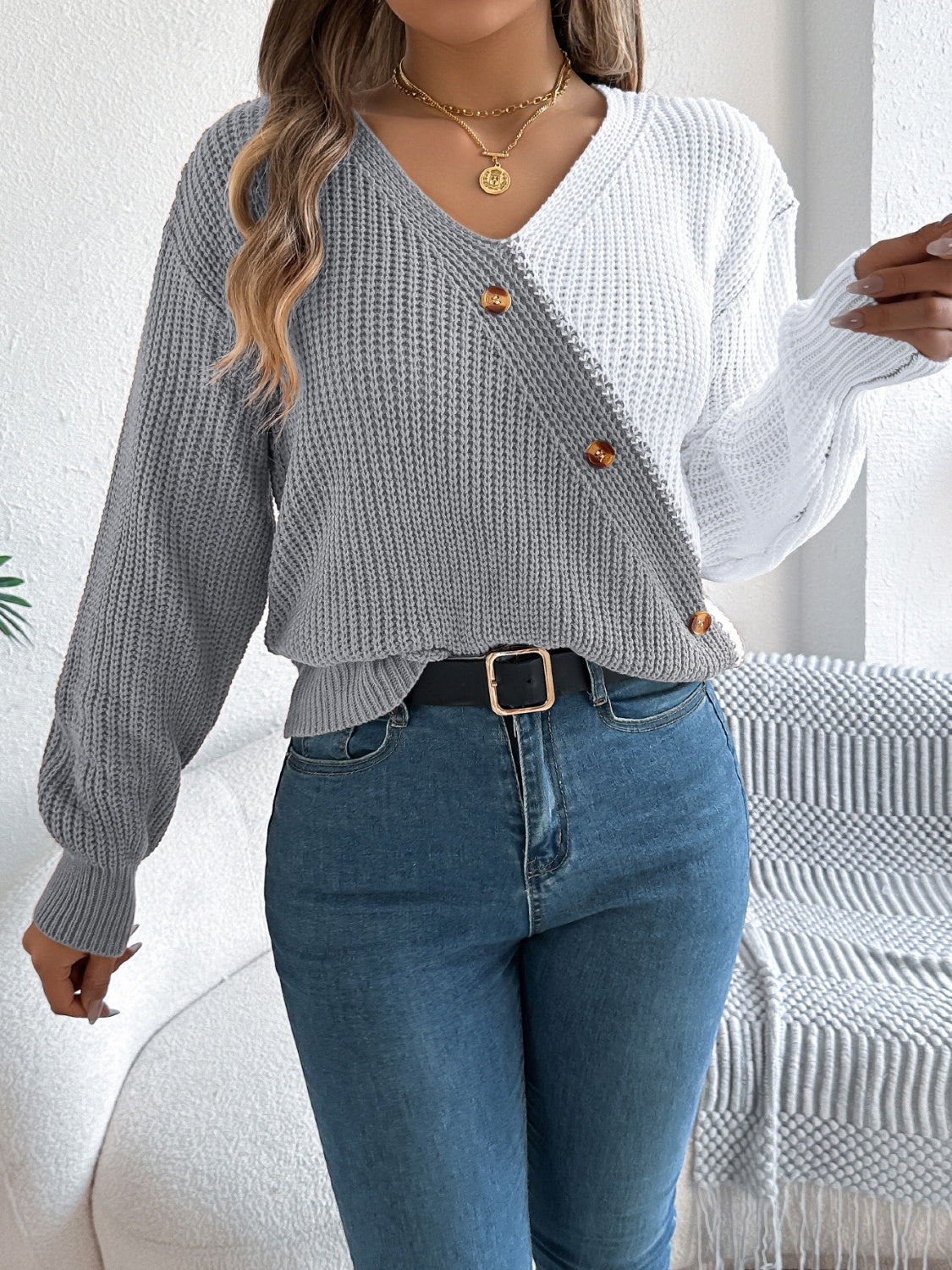 Two-Tone V-Neck Long Sleeve Sweater - Charming Charlie