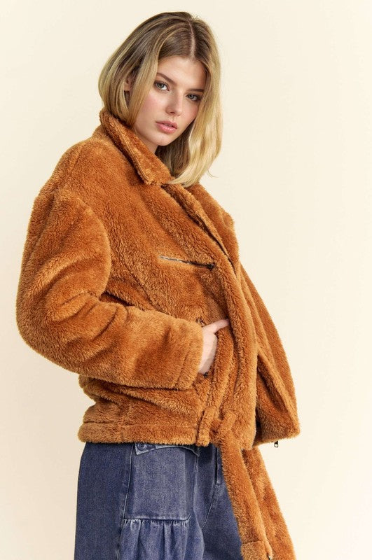 Davi & Dani Fuzzy Zip Up Collared Neck Jacket - Charming Charlie