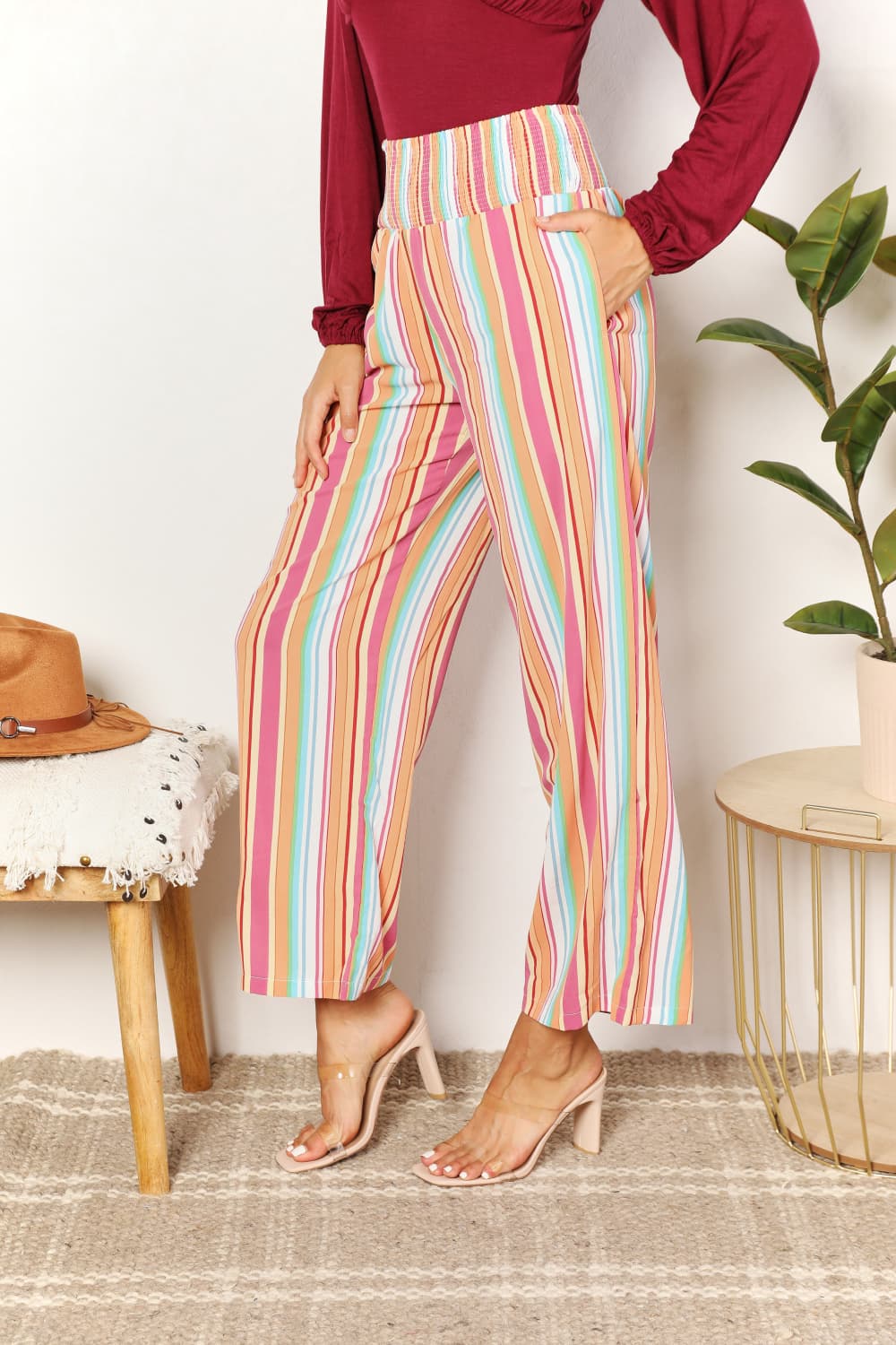 Double Take Striped Smocked Waist Pants with Pockets - Charming Charlie