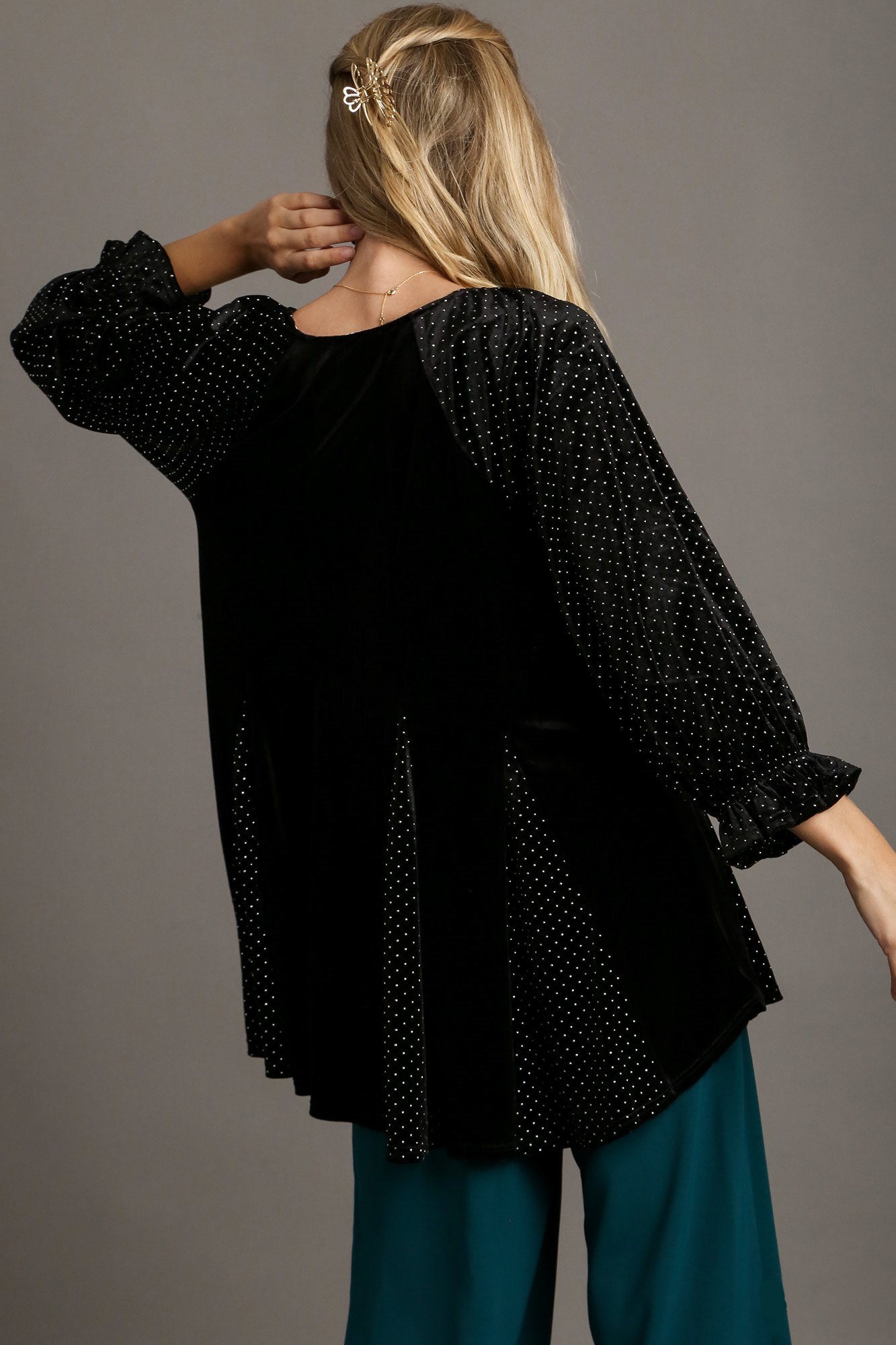 Umgee Godet Hem Polka Dot V-Neck Blouse - Charming Charlie