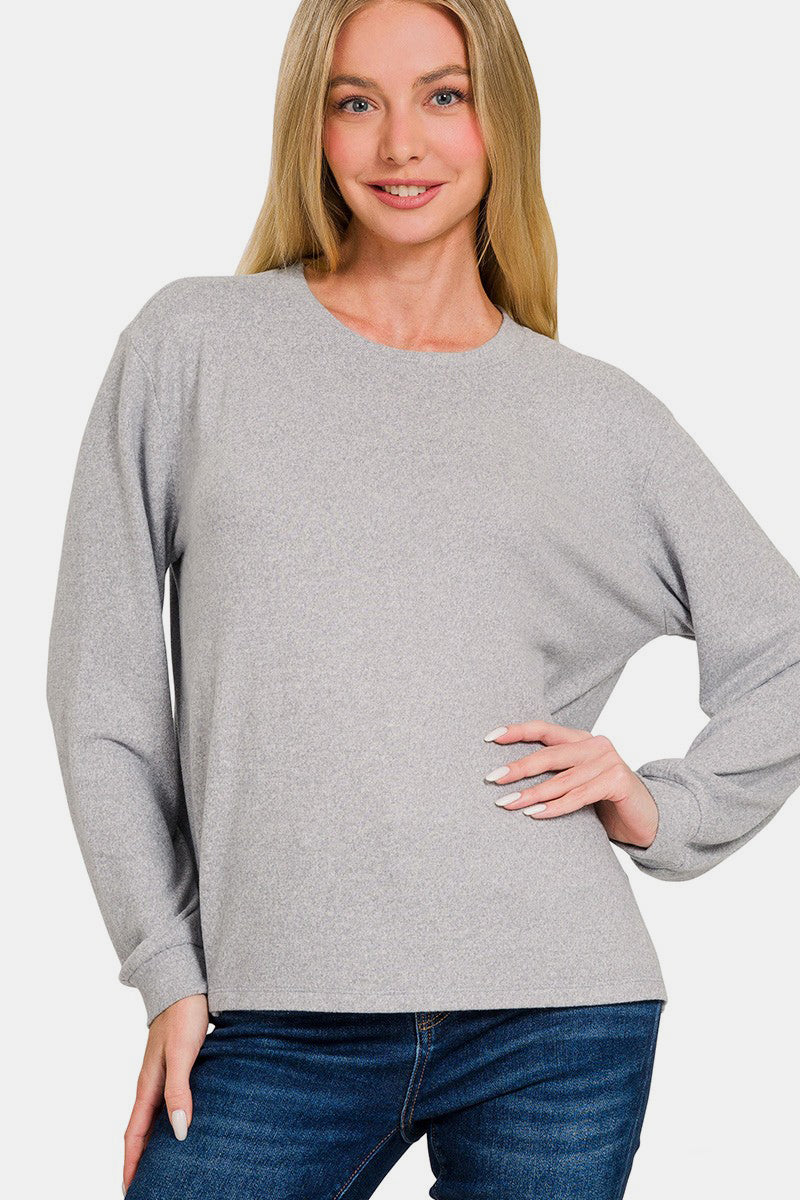 Zenana Hacci Round Neck Long Sleeve T-Shirt - Charming Charlie