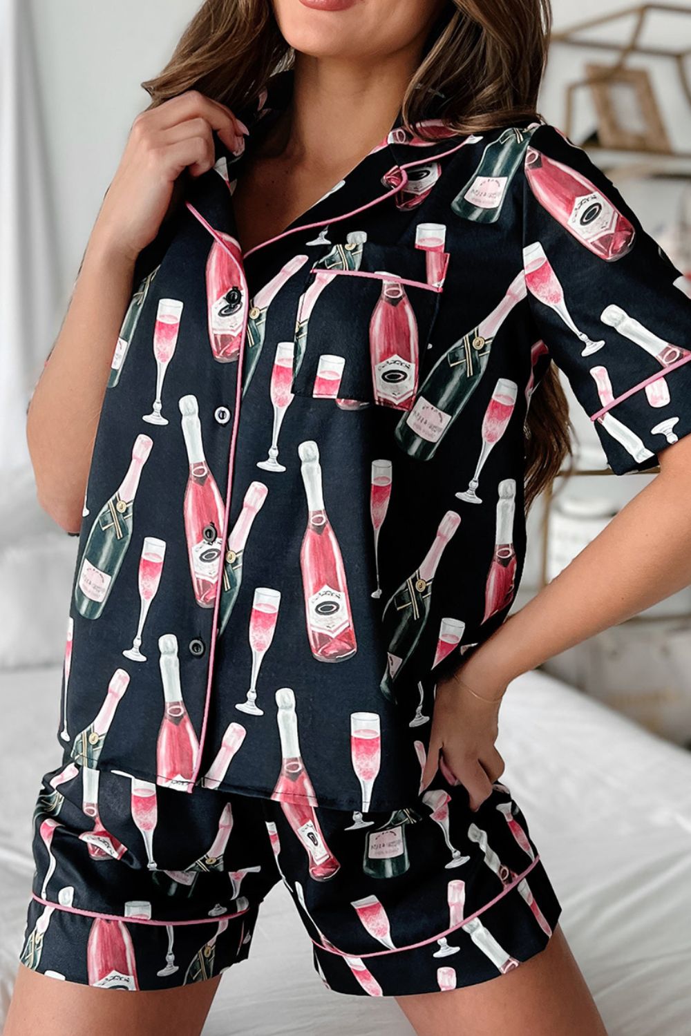 Champagne Print Short Sleeve Top and Shorts Set - Charming Charlie