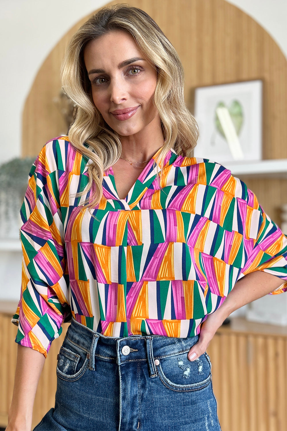 Double Take Full Size Geometric Notched Dolman Sleeve Top - Charming Charlie