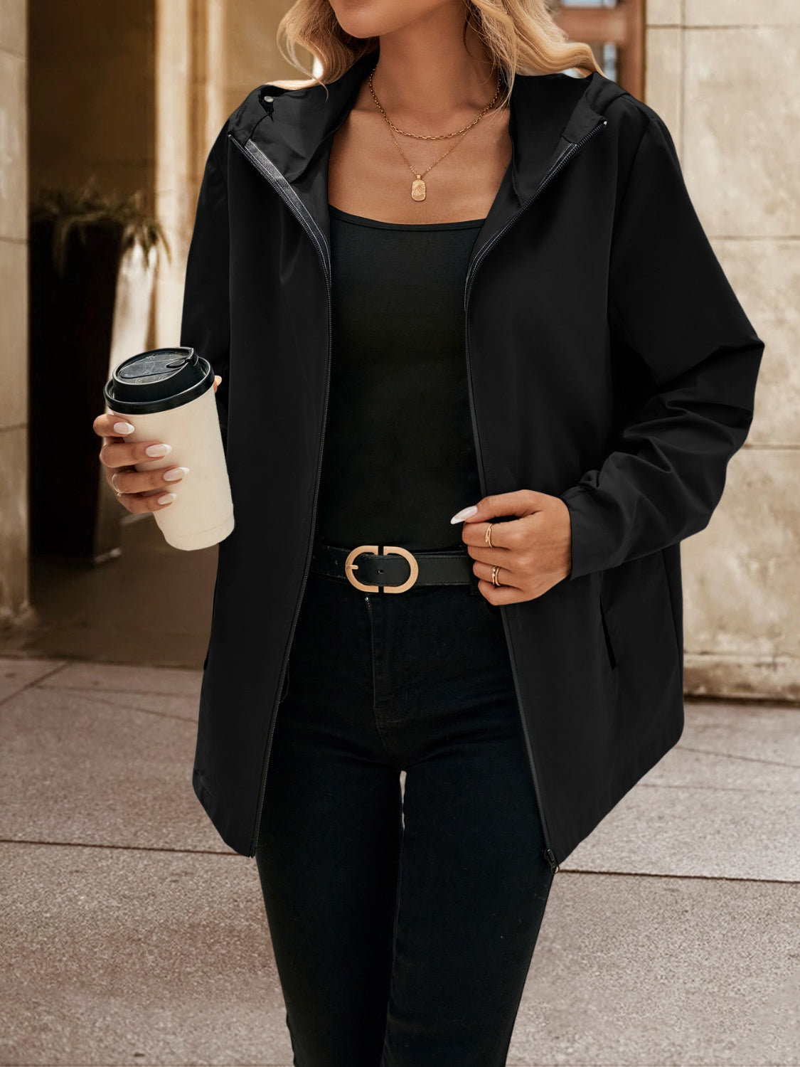 Pocketed Zip Up Hooded Jacket - Charming Charlie