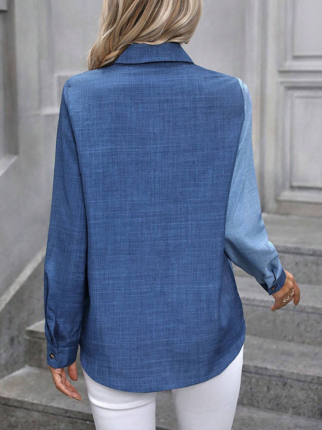 Contrast Collared Neck Long Sleeve Shirt - Charming Charlie