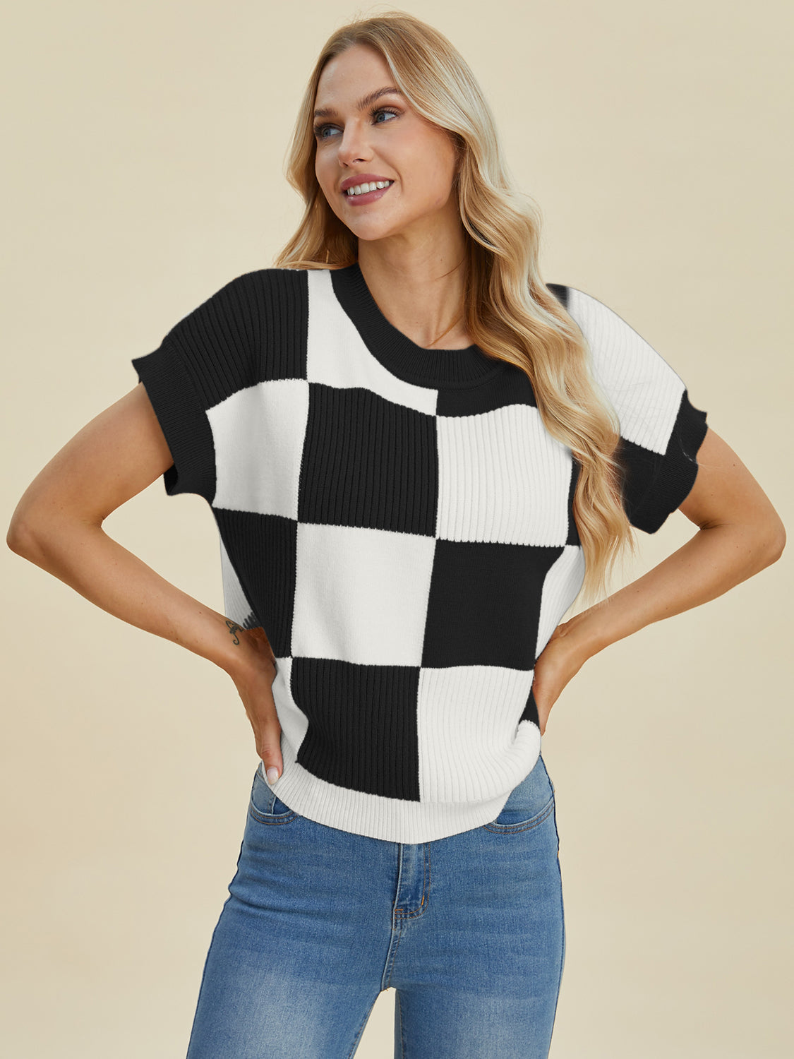 Double Take Full Size Checkered Round Neck Short Sleeve Sweater - Charming Charlie