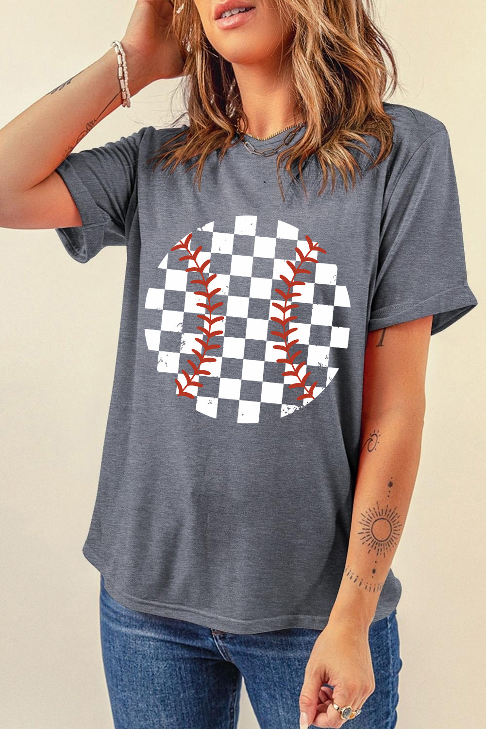 Checkered Graphic Round Neck Short Sleeve T-Shirt - Charming Charlie