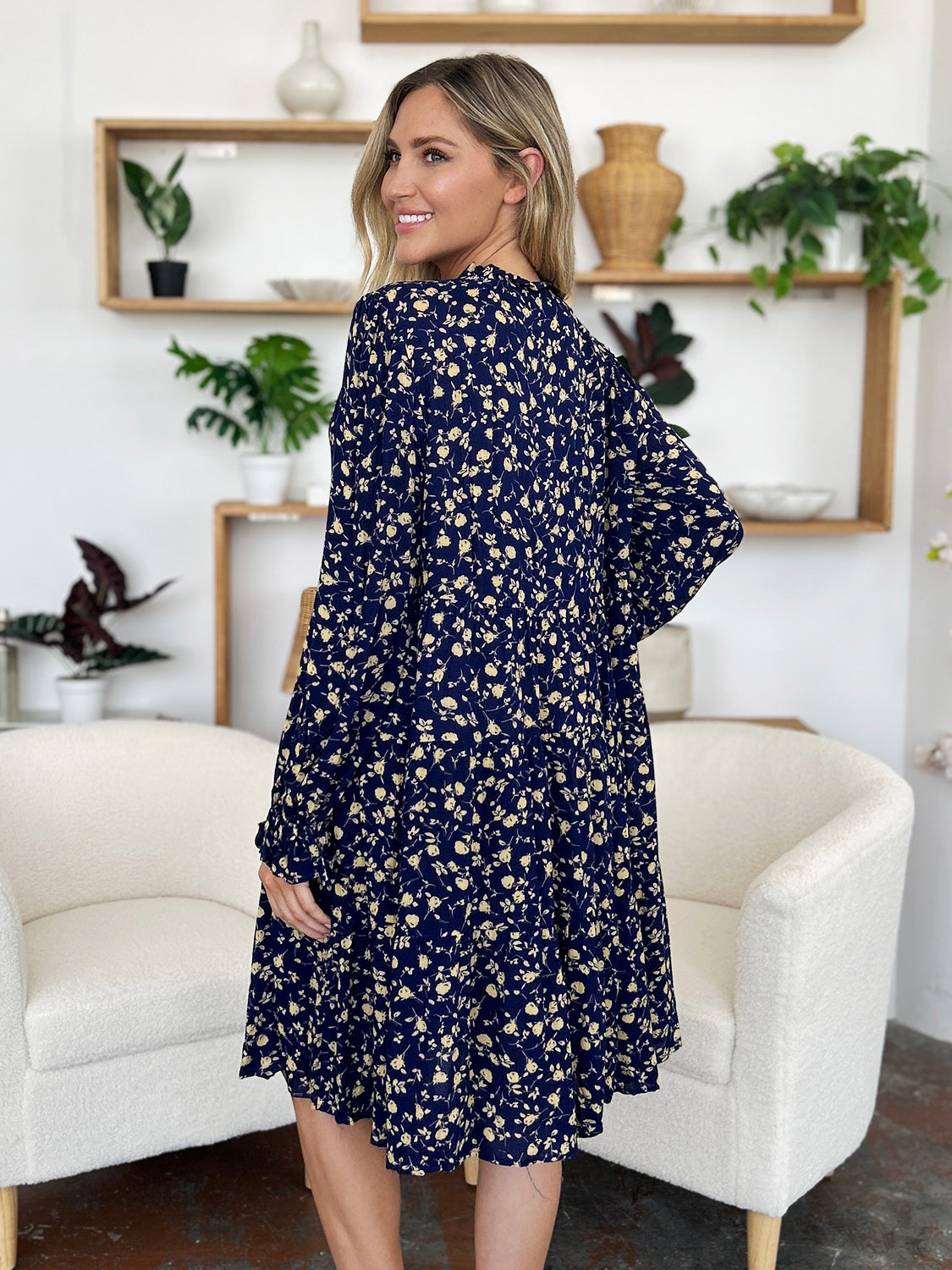 Double Take Full Size Printed Ruffle Hem Long Sleeve Tiered Dress - Charming Charlie