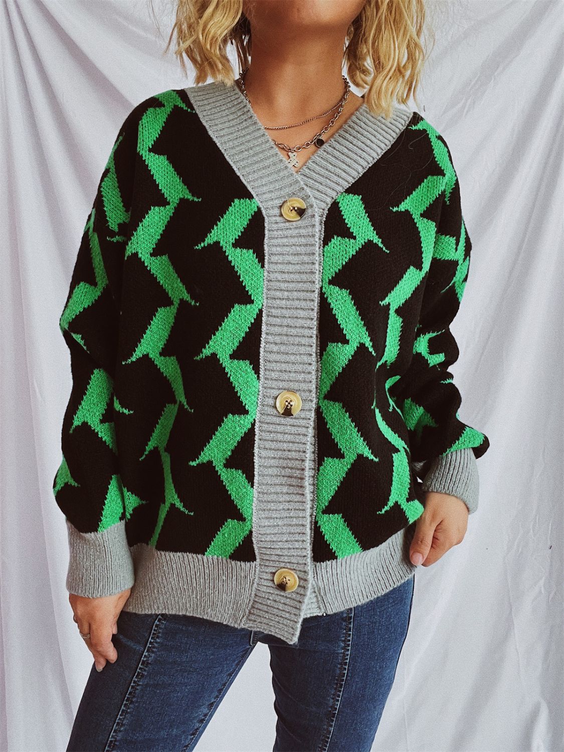 Contrast Trim Geometric V-Neck Long Sleeve Cardigan - Charming Charlie