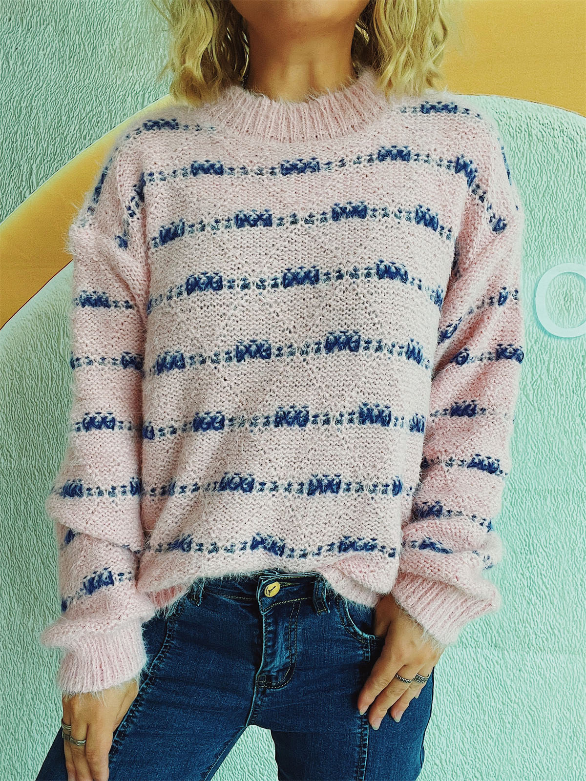 Striped Round Neck Long Sleeve Sweater - Charming Charlie