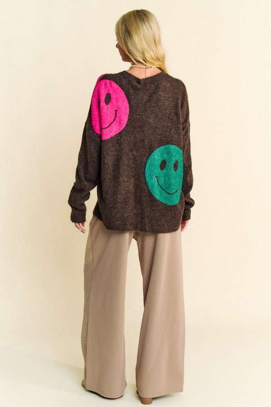 Davi & Dani Contrast Smile Round Neck Oversize Sweater - Charming Charlie