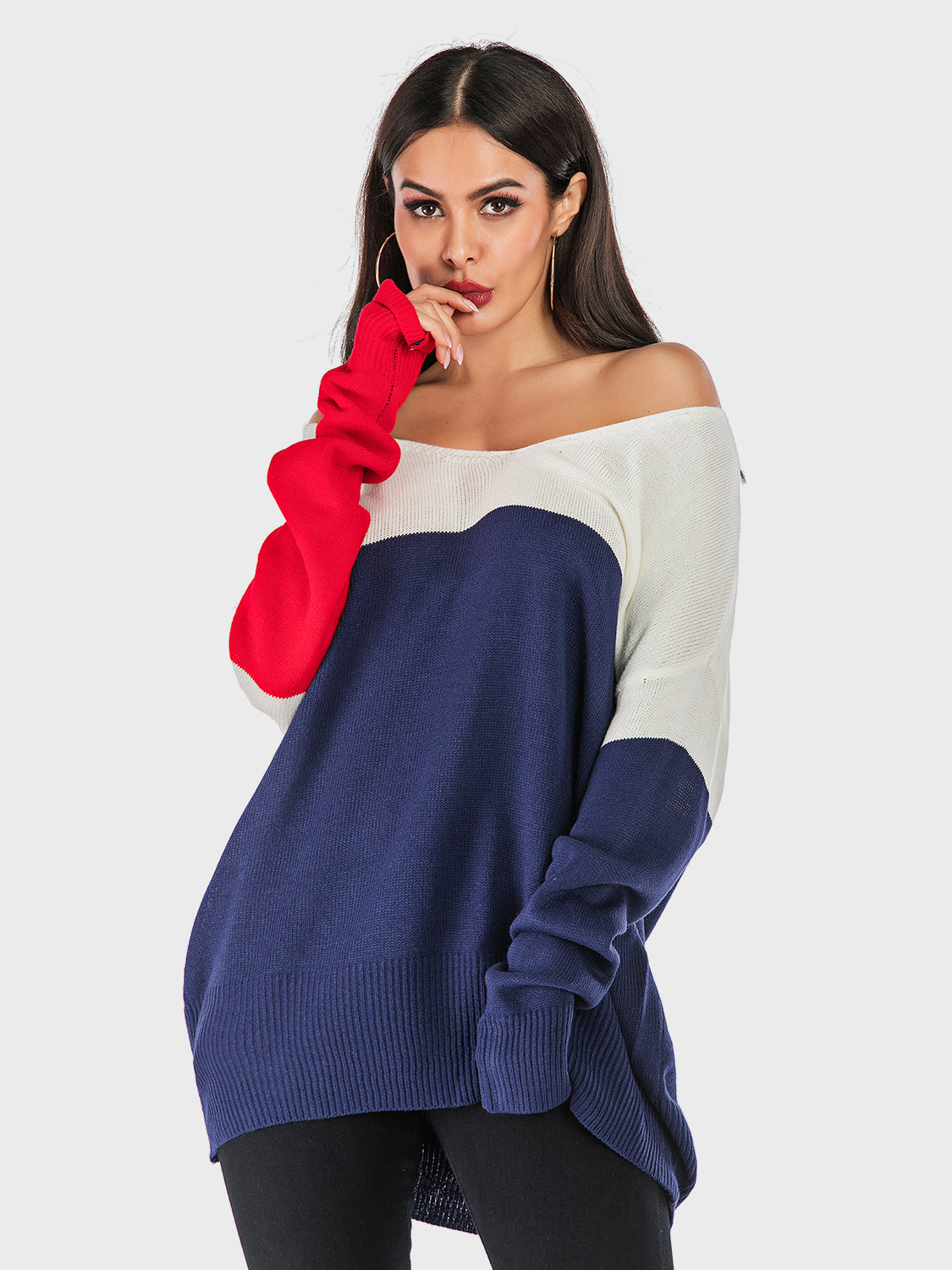 Perfee Contrast V-Neck Long Sleeve Knit Top - Charming Charlie