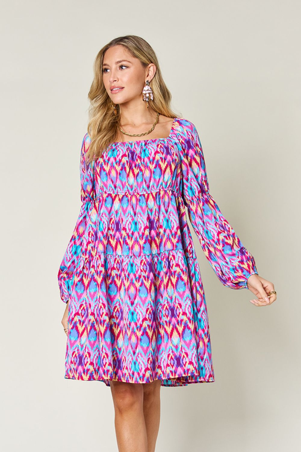Double Take Full Size Printed Long Sleeve Dress - Charming Charlie