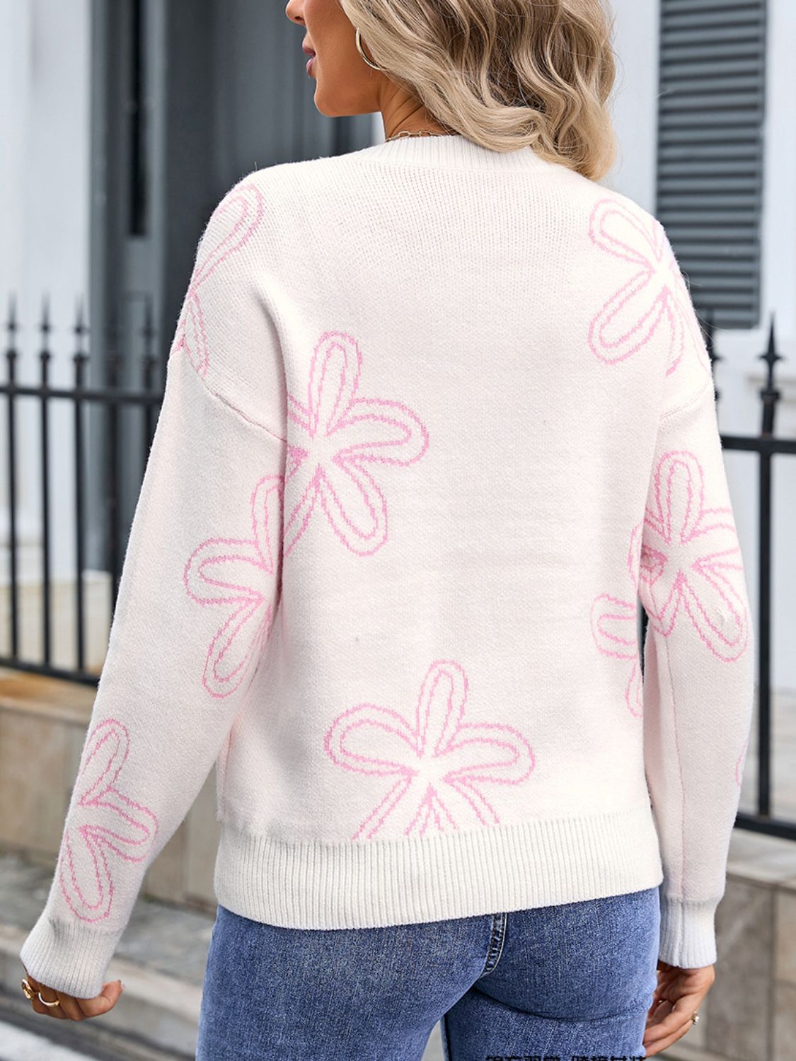 Flower Round Neck Dropped Shoulder Sweater - Charming Charlie