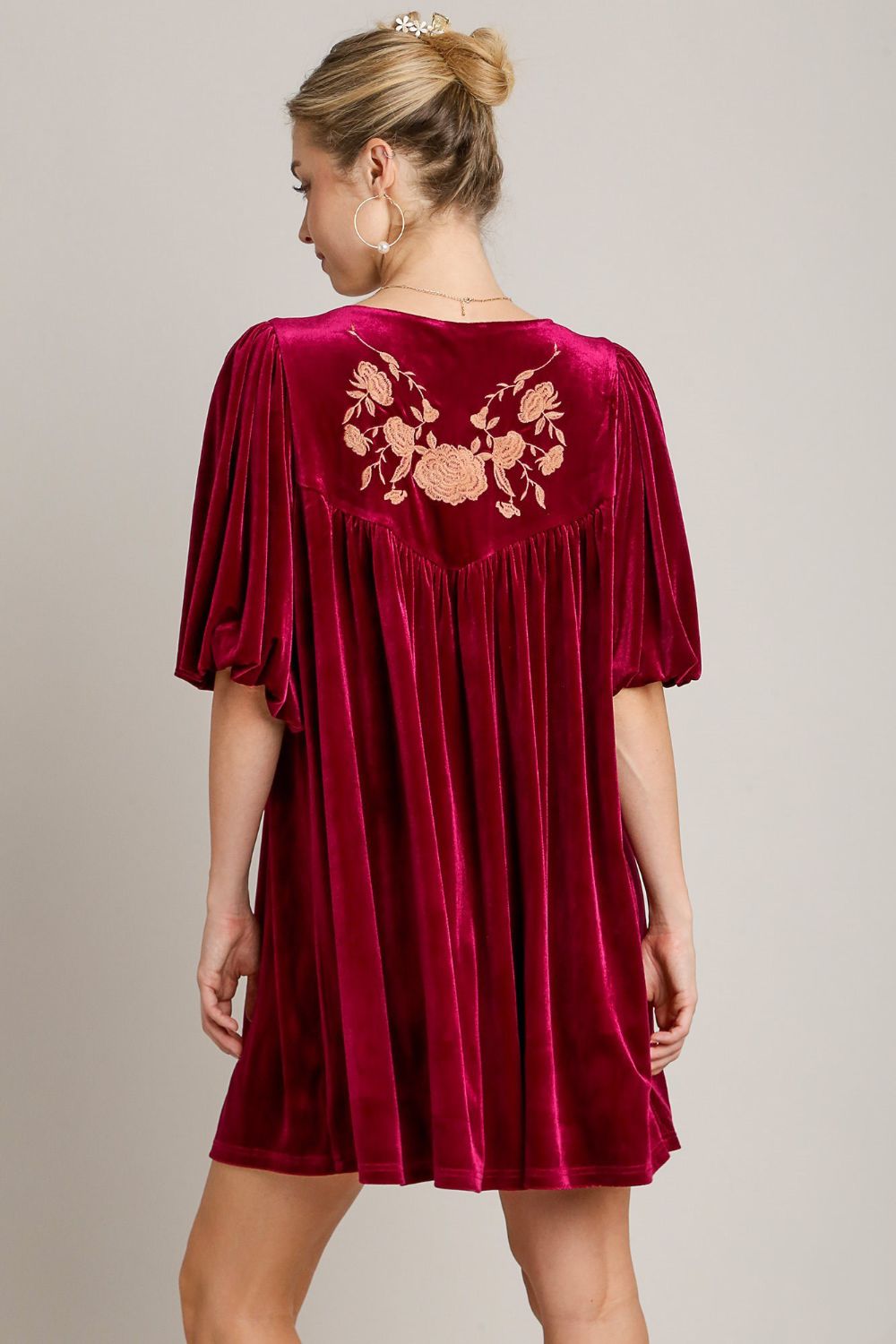 Umgee Embroidered Half Sleeve Velvet Mini Dress with Tassel - Charming Charlie