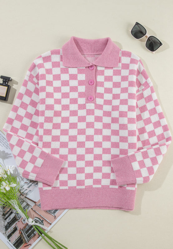 Checkered Collared Neck Long Sleeve Sweater - Charming Charlie