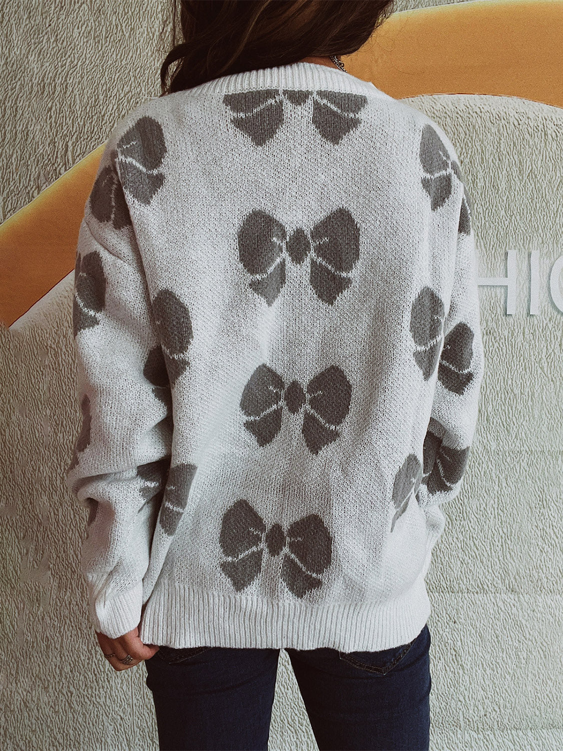 Bow Round Neck Dropped Shoulder Sweater - Charming Charlie