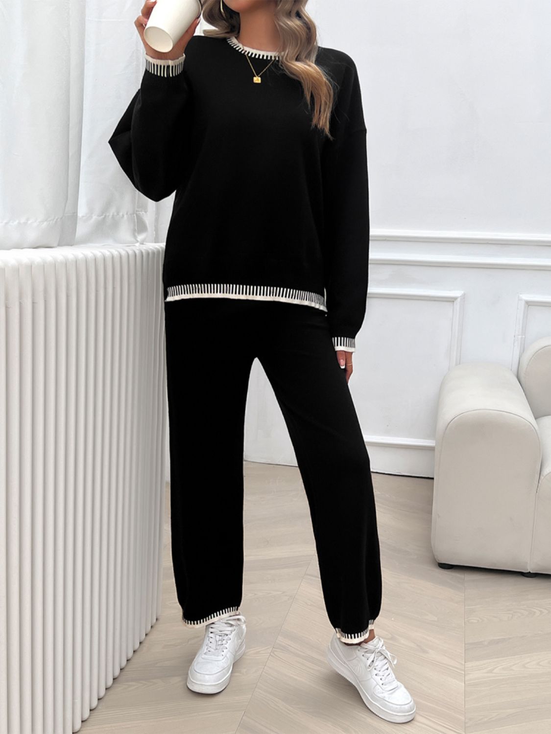 Round Neck Dropped Shoulder Top and Pants Sweater Set - Charming Charlie