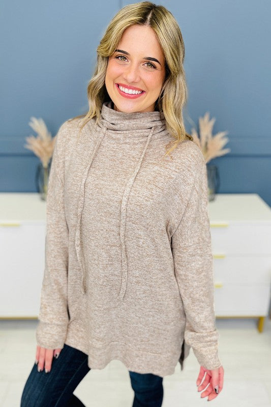 Women Cowl High Neck Long Sleeve Split Shirts - Charming Charlie