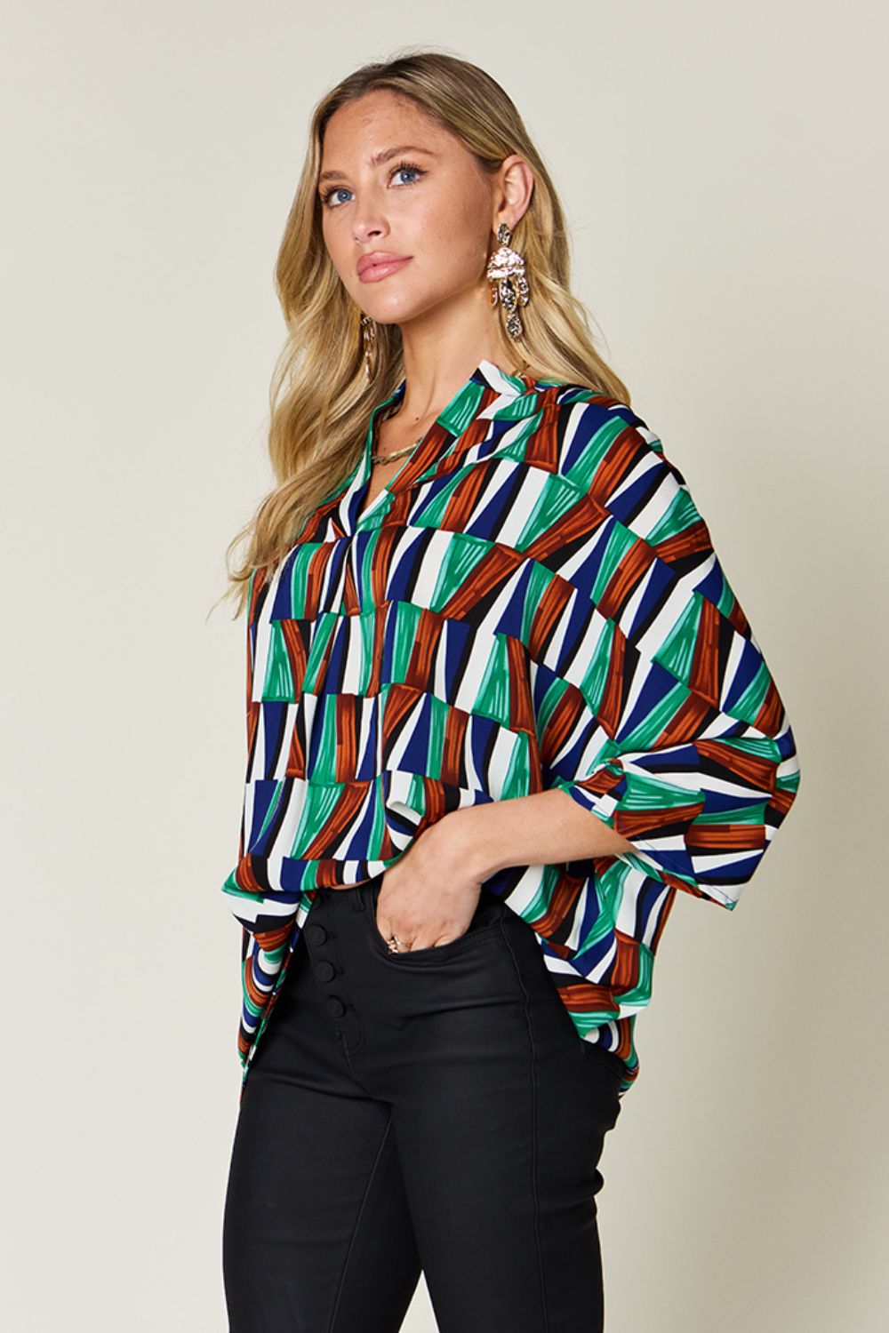 Double Take Full Size Geometric Notched Dolman Sleeve Top - Charming Charlie