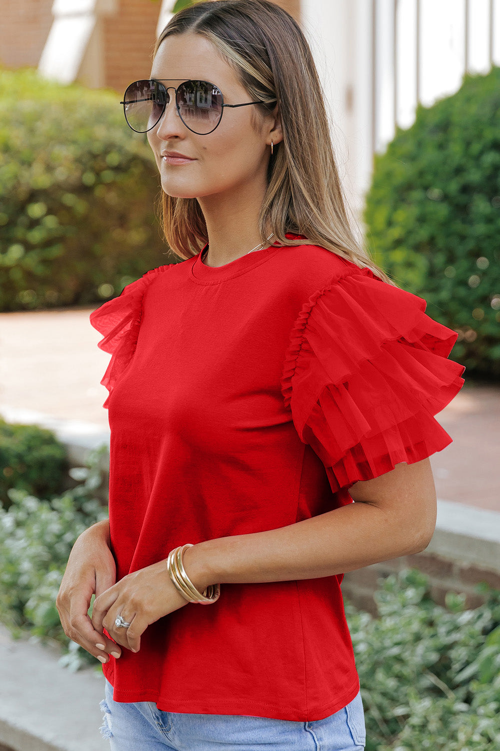 Ruffled Round Neck Short Sleeve Blouse - Charming Charlie