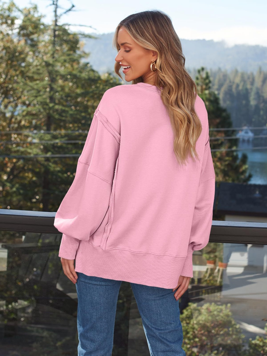 Slit Round Neck Long Sleeve Sweatshirt - Charming Charlie