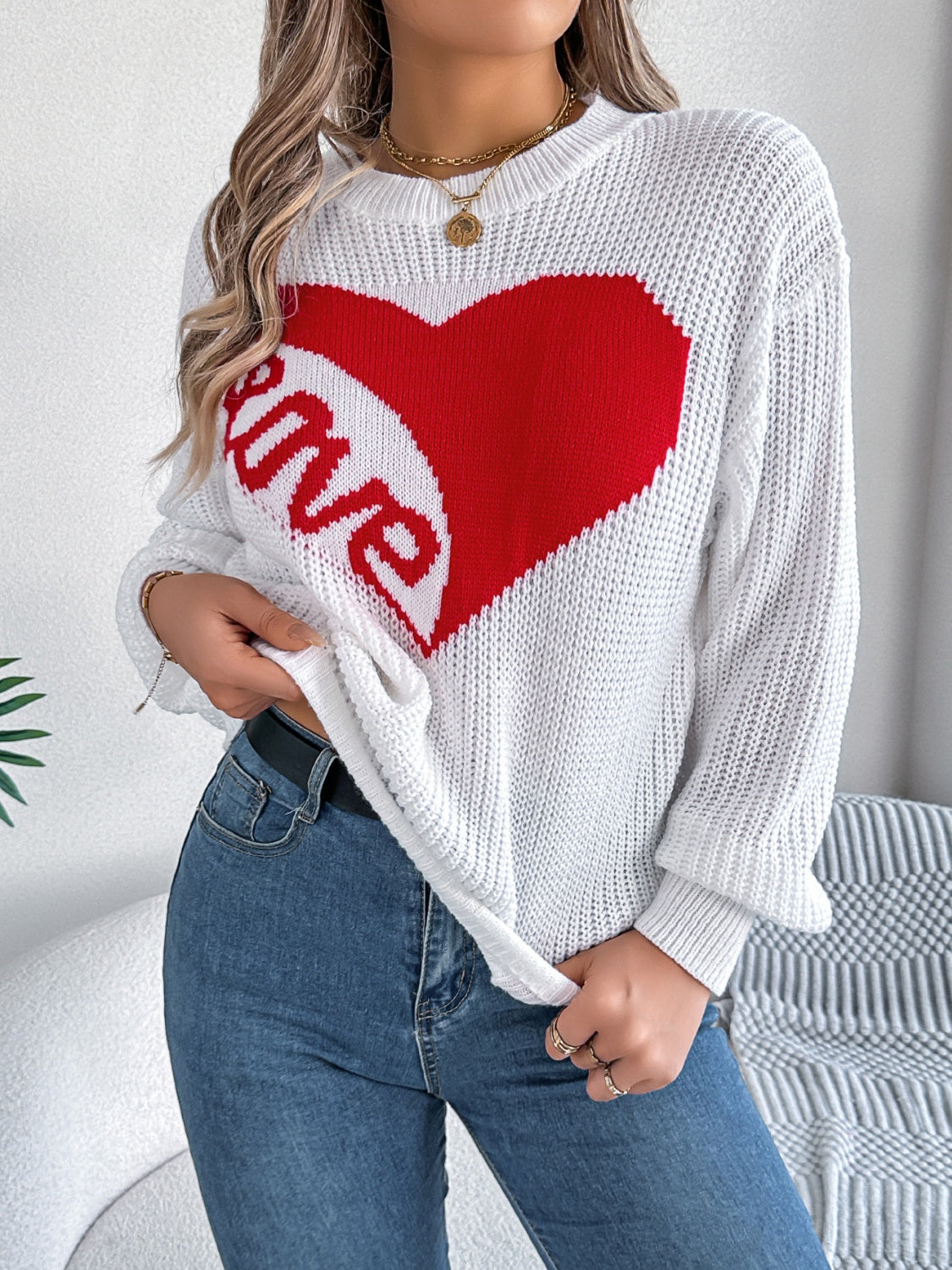 LOVE Heart Round Neck Dropped Shoulder Sweater - Charming Charlie