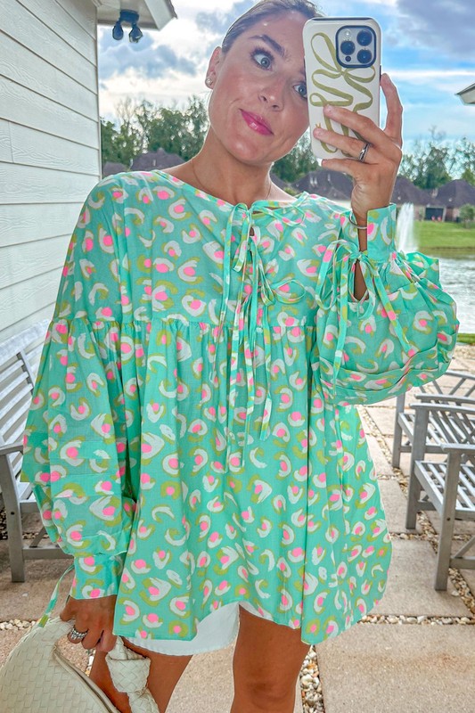 Printed Lace-up Lantern Sleeve Babydoll Blouse - Charming Charlie