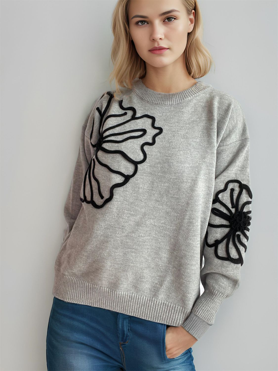 Flower Round Neck Long Sleeve Sweater - Charming Charlie