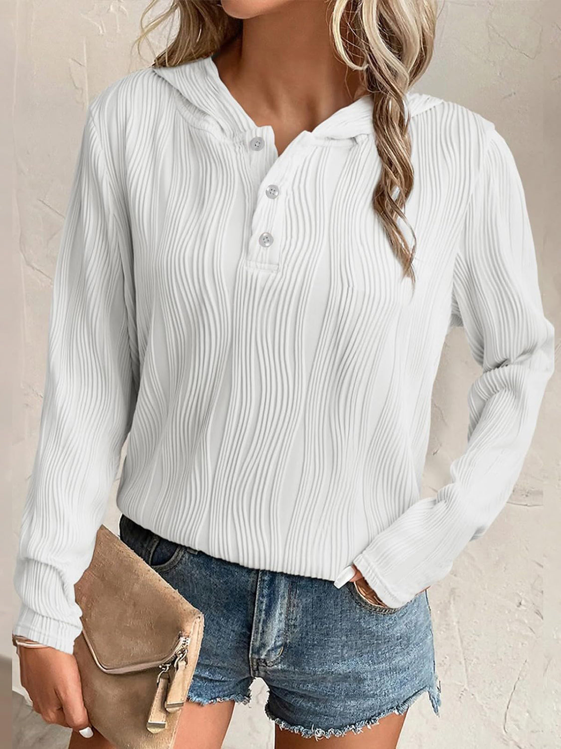 Textured Long Sleeve Hoodie - Charming Charlie
