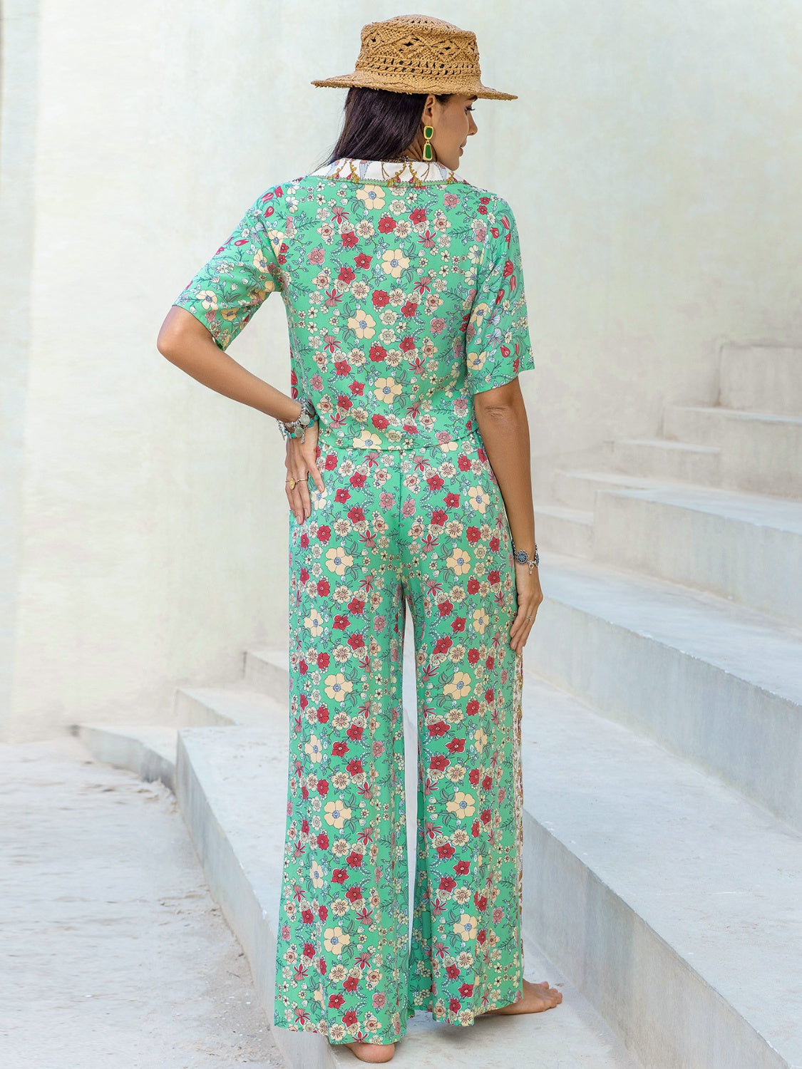 Printed Half Sleeve Top and Wide Leg Pants Set - Charming Charlie
