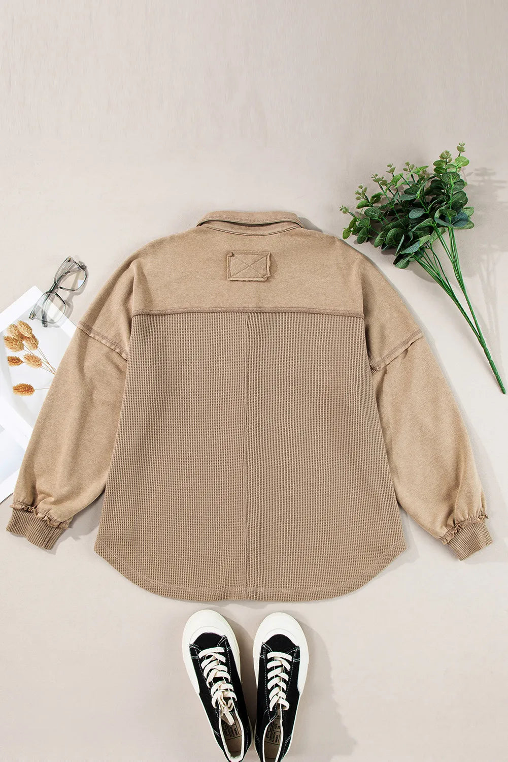 Waffle-Knit Collared Neck Long Sleeve Shacket - Charming Charlie