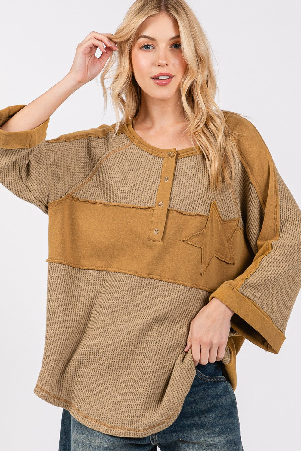SAGE + FIG Star Applique Patch Exposed Seam Waffle Knit Top - Charming Charlie
